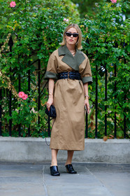 Annabel Rosendahl, bottega veneta bag, futurist shape sunglasses, butterfly sunglasses, black sunglasses, beige trench coat, kaki trench coat, belted coat, black leather bag, black leather belt, quilted belt, cartier bracelet, rolex watch, silver and golden watch, mini bag, black leather slippers, high heels slippers, oversize trench coat, fashion week, frenchystyle, FW, jonathan paciullo, street style, vertical, full length