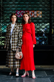 black shoes, blazer, checked, checked jacket, embroidered bag, graphic bag, graphic jacket, graphic skirt, leather bag, leather shoes, miu miu, pink bag, pink shoes, plaid, pleated skirt, printed bag, printed jacket, printed skirt, red dress, white shirt, fashion week, frenchystyle, FW, jonathan paciullo, street style, PFW, PARIS, vertical, full length, AUTUMN WINTER 2018-2019, FALL WINTER 2018-2019, FW 18-19, molly and reese blustein