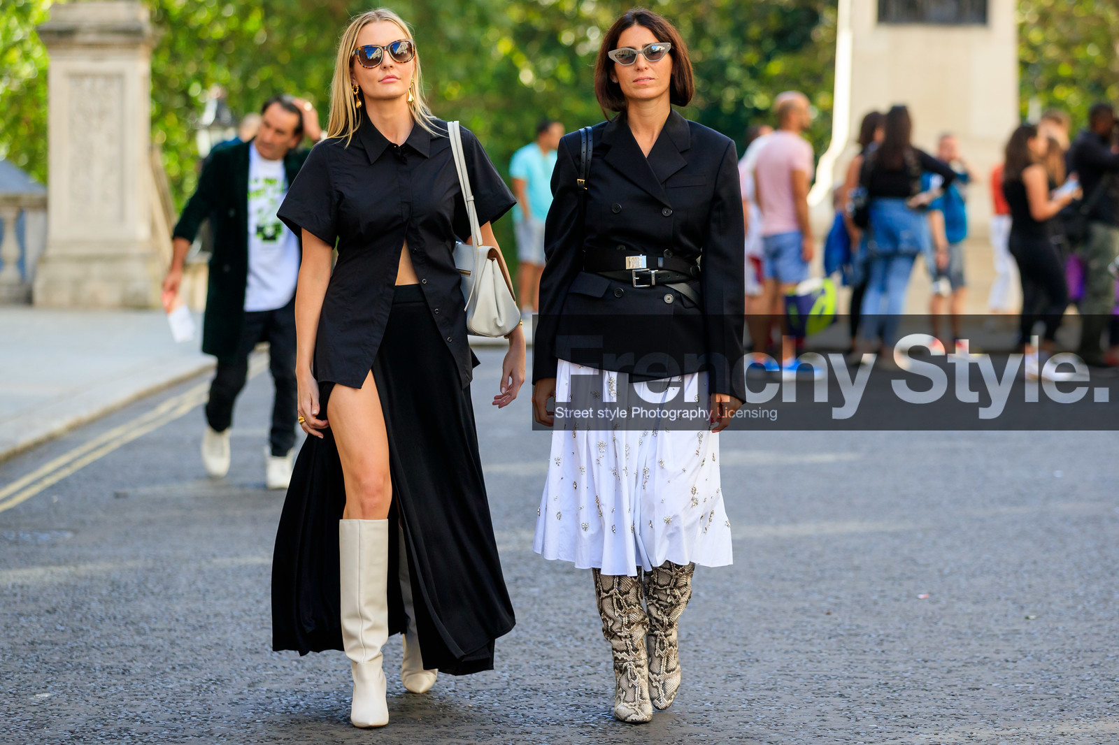 deborah reyner sebag, black skirt, long skirt, silk skirt, split skirt, black shirt, short sleeves shirt, white leather boots, high boots, brown scale sunglasses, golden earrings, dangling earrings, black jacket, belted jacket, prada belt, black leather belt, futurist shape sunglasses, white skirt, mid long skirt, embroidered skirt, sequins skirt, pleated skirt, animal skin boots, fashion week, frenchystyle, FW, jonathan paciullo, street style, atmosphere details, horizontal, full length