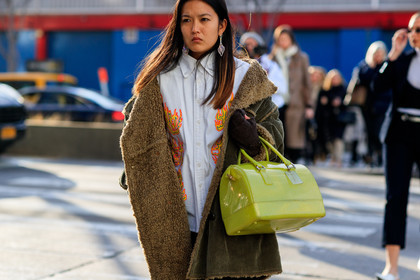 corduroy, earrings, embroidered shirt, green bag, green jacket, leather bag, off the shoulder, shearling, white shirt, street style, jonathan paciullo, FW, frenchystyle, fashion week, NYFW, NEW YORK, AUTUMN WINTER 2018-2019, AW 18-19, FALL WINTER 2018-2019, FW 18-19, atmosphere details, horizontal, detail
