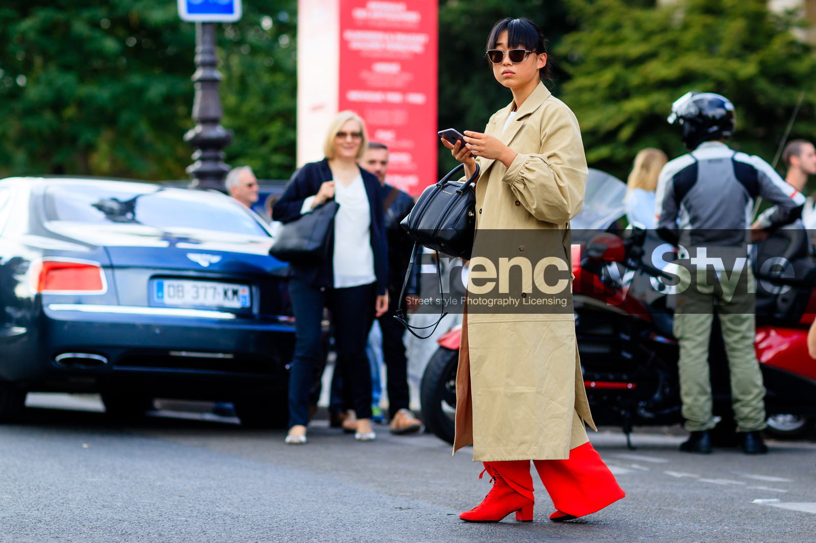 atmosphere details, beige coat, black bag, fashion week, frenchystyle, full length, FW, givenchy, horizontal, jonathan paciullo, leather bag, leather shoes, margaret zhang, overcoat, PARIS, PFW, red boots, red pants, SPRING SUMMER 2017, SS 17, street style, sunglasses, trousers