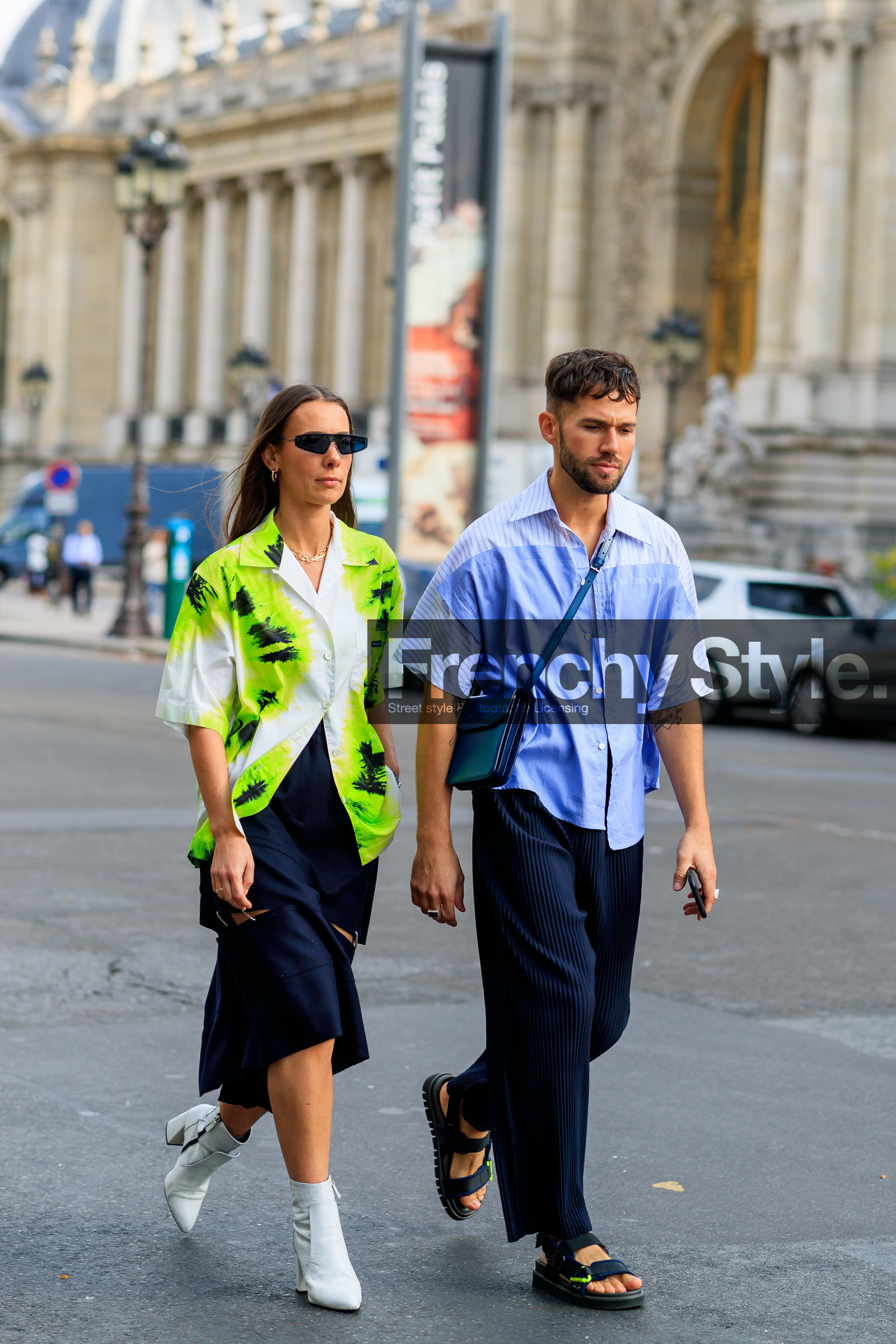 alice & j.s, alice barbier, JS roques, neon yellow shirt, tie and dye shirt, prada shirt, short sleeves shirt, white shirt, armani sunglasses, futurist shape sunglasses, black skirt, openwork skirt, white leather boots, low boots, light blue shirt, striped shirt, pleated pants, navy blue pants, crossbody bag, green leather bag, valentino shoes, sports sandals, sportswear, flat sandals, mid long skirt, PARIS, PFW, SPRING SUMMER 2020, SS 20, fashion week, frenchystyle, FW, jonathan paciullo, street style, vertical, full length