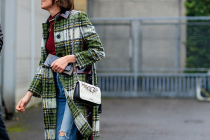 atmosphere details, AUTUMN WINTER 2017-2018, AW 17-18, black and white bag, blue denim, bordeaux, burgundy, chains, checked coat, denim pants, detail, FALL WINTER 2017-2018, fashion week, frenchystyle, FW, FW 17-18, graphic coat, green coat, horizontal, jeans, jonathan paciullo, leather bag, MFW, MILAN, miu miu, plaid, printed coat, red sweater, street style, trousers
