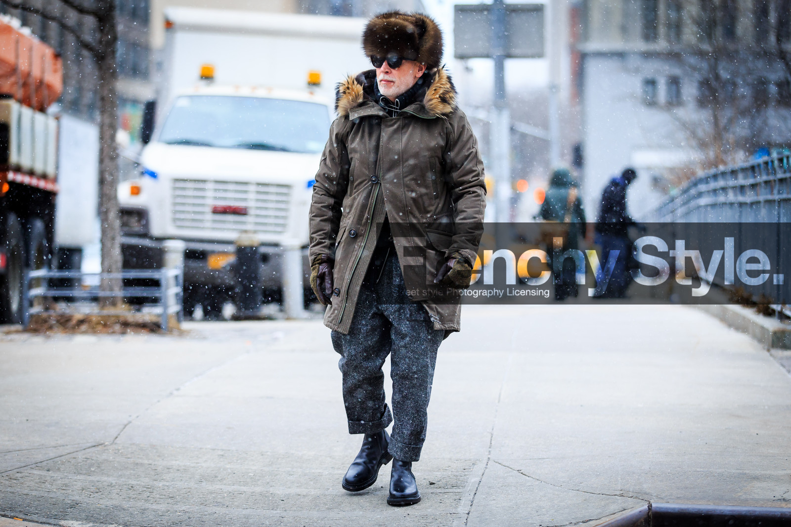atmosphere details, AUTUMN WINTER 2016-2017, AW 16-17, black boots, blue sweater, brown coat, brown fur, brown jacket, chapka, fashion week, frenchystyle, full length, fur collar, fur hat, FW, FW 16-17, grey pants, horizontal, jonathan paciullo, leather boots, man, NEW YORK, nick wooster, NYFW, parka, safety pin, street style, sunglasses, turtleneck sweater, wide pants, wool pants