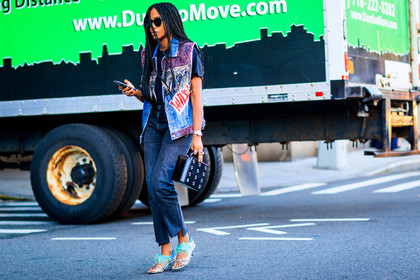 atmosphere details, black bag, blue denim, denim jacket, denim pants, embroidered jacket, fashion week, feathers, frenchystyle, full length, FW, graphic jacket, grey shoes, high heels, horizontal, jan-michael quammie, jeans, jonathan paciullo, leather bag, leather shoes, NEW YORK, NYFW, prada, printed jacket, sleeveless, SPRING SUMMER 2018, SS 18, street style, studs, sunglasses, trousers