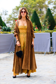 black bag, black shoes, brown coat, christian dior, fashion week, frenchystyle, full length, FW, graphic bag, high heels, jonathan paciullo, leather bag, leather shoes, necklace, negin mirsalehi, PARIS, PFW, printed bag, SPRING SUMMER 2018, SS 18, street style, studs, suede jacket, sunglasses, vertical, yellow dress