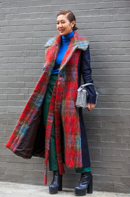 AUTUMN WINTER 2016-2017, AW 16-17, black boots, blue sweater, fashion week, frenchystyle, full length, FW, FW 16-17, green pants, high heels, jonathan paciullo, leather bag, leather boots, liz yu, loewe, long coat, NEW YORK, NYFW, plaid, red coat, silver bag, street style, tartan, turtleneck sweater, vertical, woman