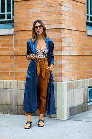 animal print, beige top, black shoes, blue coat, brown pants, bustier top, jen wonders, leather shoes, printed top, sunglasses, trousers, zebra, street style, jonathan paciullo, FW, frenchystyle, fashion week, NYFW, NEW YORK, SPRING SUMMER 2019, SS 19, vertical, full length