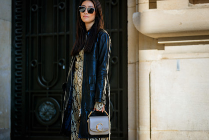 animal print, beige bag, black coat, brown dress, chloé, graphic dress, justine lee, leather bag, leather coat, printed dress, snake print, sunglasses, PARIS, PFW, street style, jonathan paciullo, FW, frenchystyle, fashion week, AUTUMN WINTER 2019-2020, AW 19-20, FALL WINTER 2019-2020, FW 19-20, horizontal, atmosphere details, detail