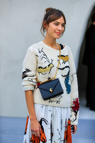 alexa chung, animal print, atmosphere details, black bag, detail, drawings, fashion week, frenchystyle, FW, graphic skirt, jonathan paciullo, leather bag, PARIS, PFW, pleated skirt, printed skirt, printed sweater, SPRING SUMMER 2018, SS 18, street style, vertical, white skirt, white sweater