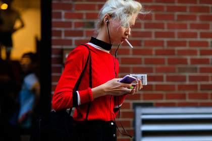 atmosphere details, black bag, black pants, bun, detail, fashion week, frenchystyle, FW, headphones, horizontal, jonathan paciullo, model, NEW YORK, NYFW, red sweater, SPRING SUMMER 2017, SS 17, street style, trousers, woman