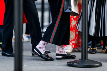 black pants, black shoes, gucci, leather shoes, loafers, monogram, trousers, white socks, fashion week, frenchystyle, FW, jonathan paciullo, street style, MFW, MILAN, AUTUMN WINTER 2019-2020, AW 19-20, FALL WINTER 2019-2020, FW 19-20, atmosphere details, detail, horizontal