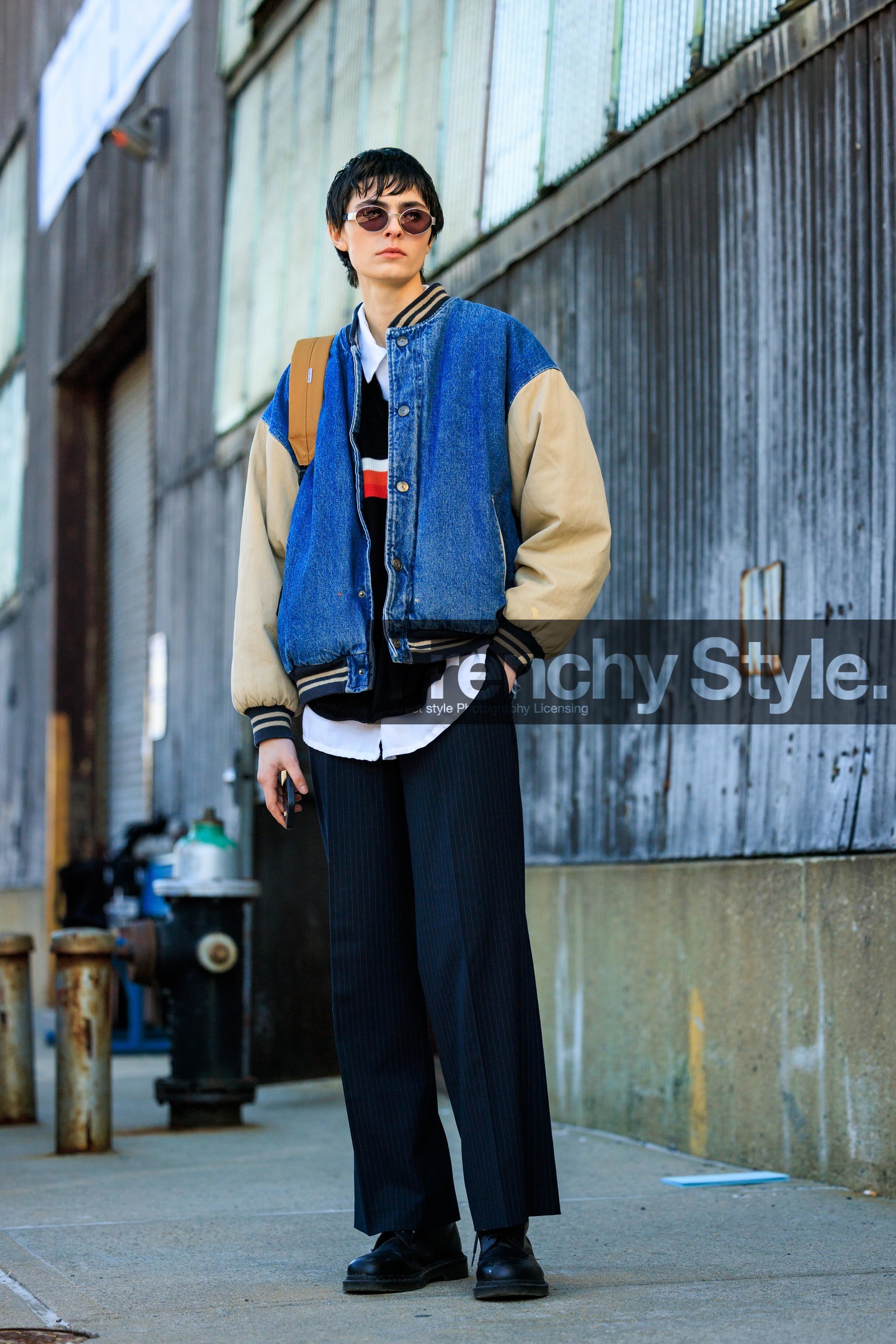 baseball jacket, denim jacket, black sunglasses, white shirt, black underneath, black derbies, leather derbies, street style, jonathan paciullo, FW, frenchystyle, fashion week, NYFW, NEW YORK, AUTUMN WINTER 2022-2023, FALL WINTER 2022_2023, FW 22-23, vertical, full length