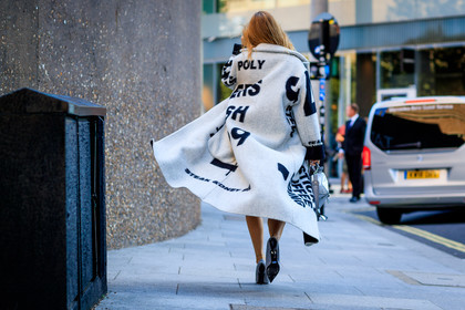 balenciaga, black and white, céline, graphic jacket, grey shoes, high heels, leather bag, leather shoes, loewe, pernille teisbaek, printed jacket, shiny bag, silver bag, white coat, fashion week, frenchystyle, FW, jonathan paciullo, street style, LFW, LONDON, SPRING SUMMER 2019, SS 19, atmosphere details, horizontal, full length