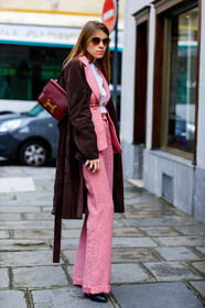 monica ainley, brown suede jacket, long jacket, red jacket, red pants, vichy printed jacket, vichy printed pants, white t-shirt, eyecat sunglasses, metalic frame sunglasses, shoulder bag, burgundy leather bag, hermes bag, constance hermes bag, fashion week, frenchystyle, FW, jonathan paciullo, street style, PFW, PARIS, vertical, full length
