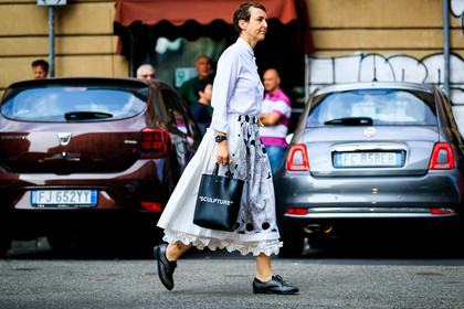 black bag, black shoes, graphic bag, graphic skirt, leather bag, leather shoes, off white, printed bag, printed skirt, sarah lerfel, watch, white shirt, white skirt, fashion week, frenchystyle, FW, jonathan paciullo, street style, MFW, MILAN, SPRING SUMMER 2019, SS 19, atmosphere details, horizontal, full length