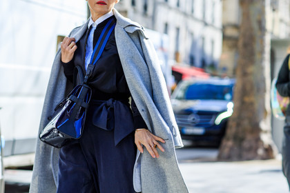atmosphere details, AUTUMN WINTER 2016-2017, AW 16-17, black jacket, blue bag, blue pants, bomber jacket, bow, detail, FALL WINTER 2016-2017, fashion week, frenchystyle, FW, FW 16-17, grey coat, horizontal, jonathan paciullo, leather bag, over the shoulder, PARIS, PFW, street style, striped shirt, trousers, varnished leather, white shirt