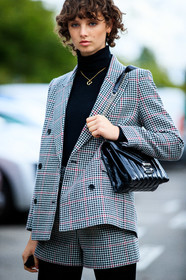 checked jacket, checked shorts, checked suits, black pullover, black tights, doc turtleneck pullover, street style, jonathan paciullo, FW, frenchystyle, fashion week, PFW, PARIS, SPRING SUMMER 2021, SS 21, vertical, atmosphere details, detail, model