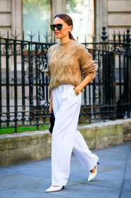 bracelet, camel knit, evangelie smyrniotaki, leather shoes, sunglasses, trousers, white pants, white shoes, fashion week, frenchystyle, FW, jonathan paciullo, street style, LFW, LONDON, SPRING SUMMER 2019, SS 19, vertical, full length