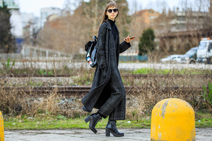atmosphere details, AUTUMN WINTER 2016-2017, AW 16-17, black bag, black boots, check jumpsuit, checked coat, FALL WINTER 2016-2017, fashion week, frenchystyle, full length, FW, FW 16-17, graphic coat, graphic jumpsuit, grey coat, grey jumpsuit, horizontal, iphone, jonathan paciullo, lace up shoes, leather backpack, leather boots, LFW, LONDON, long coat, MENSWEAR, model, plaid jumpsuit, printed coat, printed jumpsuit, street style, striped coat, striped jumpsuit, stripes, sunglasses, tone on tone, total look grey, varnished leather