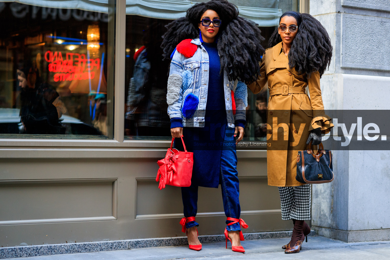 black bag, blue denim, blue dress, camel coat, denim pants, embroidered jacket, gingham, graphic bag, graphic jacket, graphic pants, high heels, jeans, knit dress, leather bag, leather shoes, patchwork, printed bag, printed jacket, printed pants, red bag, red shoes, sunglasses, trench coat, trousers, street style, jonathan paciullo, FW, frenchystyle, fashion week, NYFW, NEW YORK, AUTUMN WINTER 2018-2019, AW 18-19, FALL WINTER 2018-2019, FW 18-19, atmosphere details, horizontal, full length, Cipriana And Takenya Quann