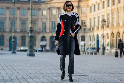 black bag, black boots, black coat, black denim, black fur coat, black shoes, denim pants, earrings, Fur coat, high heels, jeans, leather bag, leather shoes, printed shoes, striped coat, striped jacket, sunglasses, trousers, turtleneck sweater, fashion week, frenchystyle, FW, jonathan paciullo, street style, PFW, PARIS, SPRING SUMMER 2017, SS 17, HAUTE COUTURE, atmosphere details, full length, horizontal, Chriselle Lim