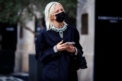lotta volkova, black dress, embroidered dress, embroidered collar, strassed dress, nail art, nails details, miu miu dress, covid face mask, PARIS, PFW, fashion week, frenchystyle, FW, jonathan paciullo, street style, SPRING SUMMER 2021, SS 21, horizontal, atmosphere details, detail