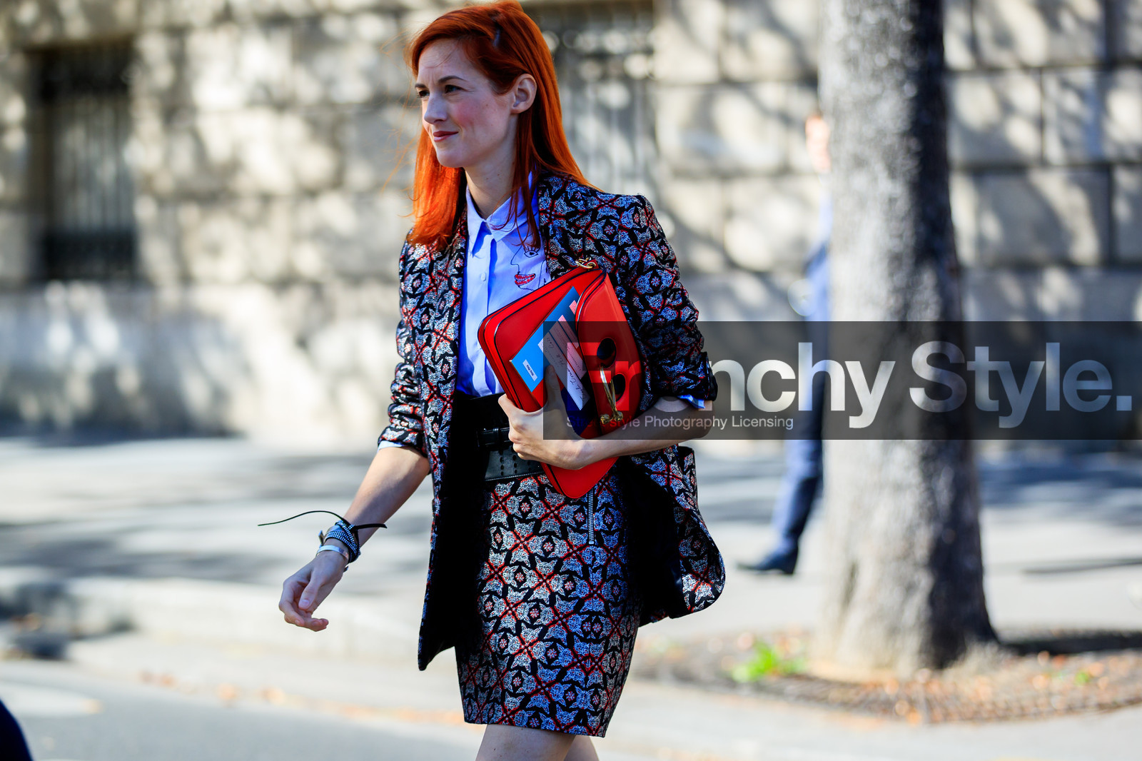 atmosphere details, blazer, blue shirt, chloe hill, detail, fashion week, frenchystyle, FW, graphic jacket, graphic skirt, horizontal, jonathan paciullo, jw anderson, leather bag, PARIS, PFW, printed jacket, printed skirt, red bag, red head, SPRING SUMMER 2017, SS 17, street style