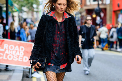 atmosphere details, black bag, black denim, black jacket, black skirt, black top, checked shirt, denim skirt, detail, fashion week, fishnet, frenchystyle, fur jacket, FW, horizontal, jonathan paciullo, leather bag, LFW, LONDON, plaid, red shirt, SPRING SUMMER 2017, SS 17, street style, tartan, tights, woman