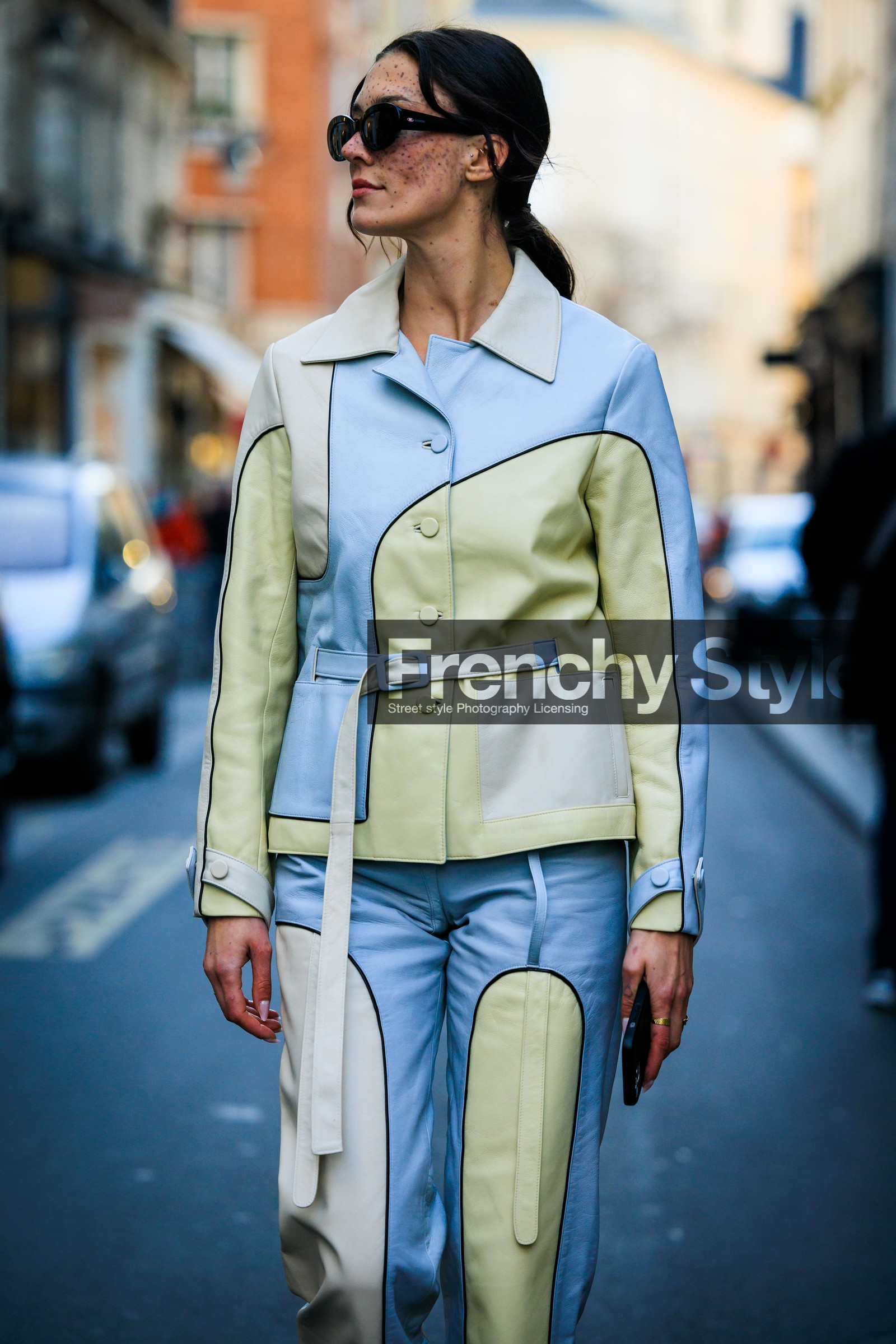 black sunglasses, multicolot suit, leather suit, freckles, dual toned jacket, dual toned pants, green pistachio pants, green pistachio jacket, pastel blue jacket, pastel blue pants, patched suit, maeva giani marshall, fashion week, frenchystyle, FW, jonathan paciullo, street style, AUTUMN WINTER 2022-2023, FALL WINTER 2022_2023, FW 22-23, PFW, PARIS, vertical, detail