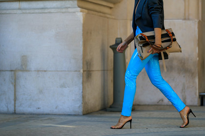 beige bag, blazer, blue pants, camila coelho, grey jacket, high heels, leather bag, leather pants, leather shoes, transparent shoes, trousers, PARIS, PFW, street style, jonathan paciullo, FW, frenchystyle, fashion week, AUTUMN WINTER 2019-2020, AW 19-20, FALL WINTER 2019-2020, FW 19-20, horizontal, atmosphere details, detail