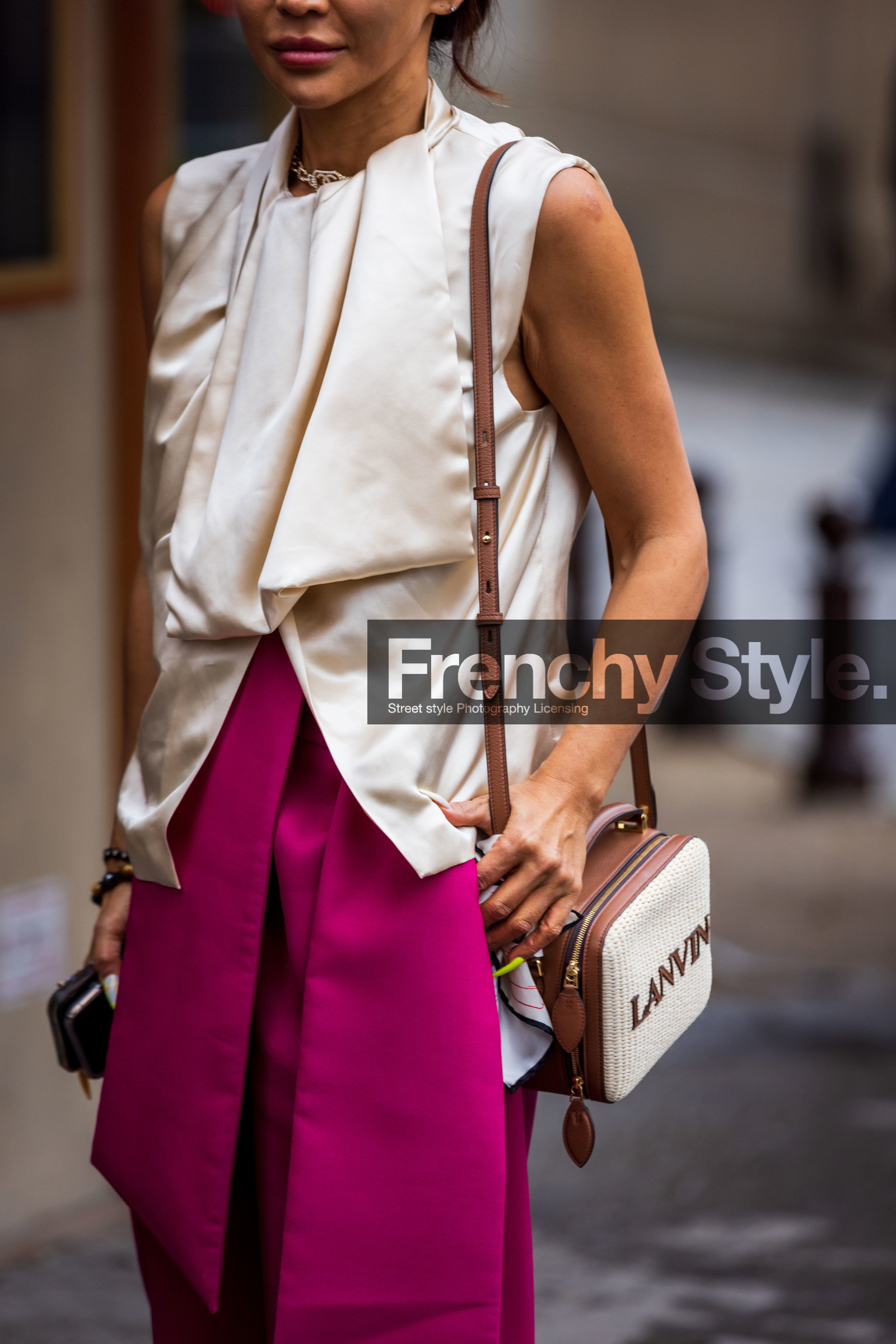 bag, blouse, brown bag, cream blouse, fuschia skirt, lanvin bag, leather bag, satin top, skirt, top, fashion week, frenchystyle, FW, jonathan paciullo, street style, PFW, PARIS, SPRING SUMMER 2022, SS 22, vertical, atmosphere details