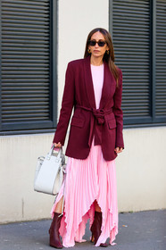blazer, bordeaux, burgundy, chloe loulou de saison, leather bag, leather shoes, pink dress, pleated dress, red boots, red jacket, sunglasses, white bag, fashion week, frenchystyle, FW, jonathan paciullo, street style, PFW, PARIS, AUTUMN WINTER 2019-2020, AW 19-20, FALL WINTER 2019-2020, FW 19-20, vertical, full length