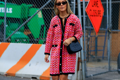 black bag, chanel handbag, graphic jacket, leather bag, necklace, printed jacket, red coat, sunglasses, tweed jacket, fashion week, frenchystyle, FW, jonathan paciullo, street style, NEW YORK, NYFW, SPRING SUMMER 2020, SS 20, horizontal, atmosphere details, detail