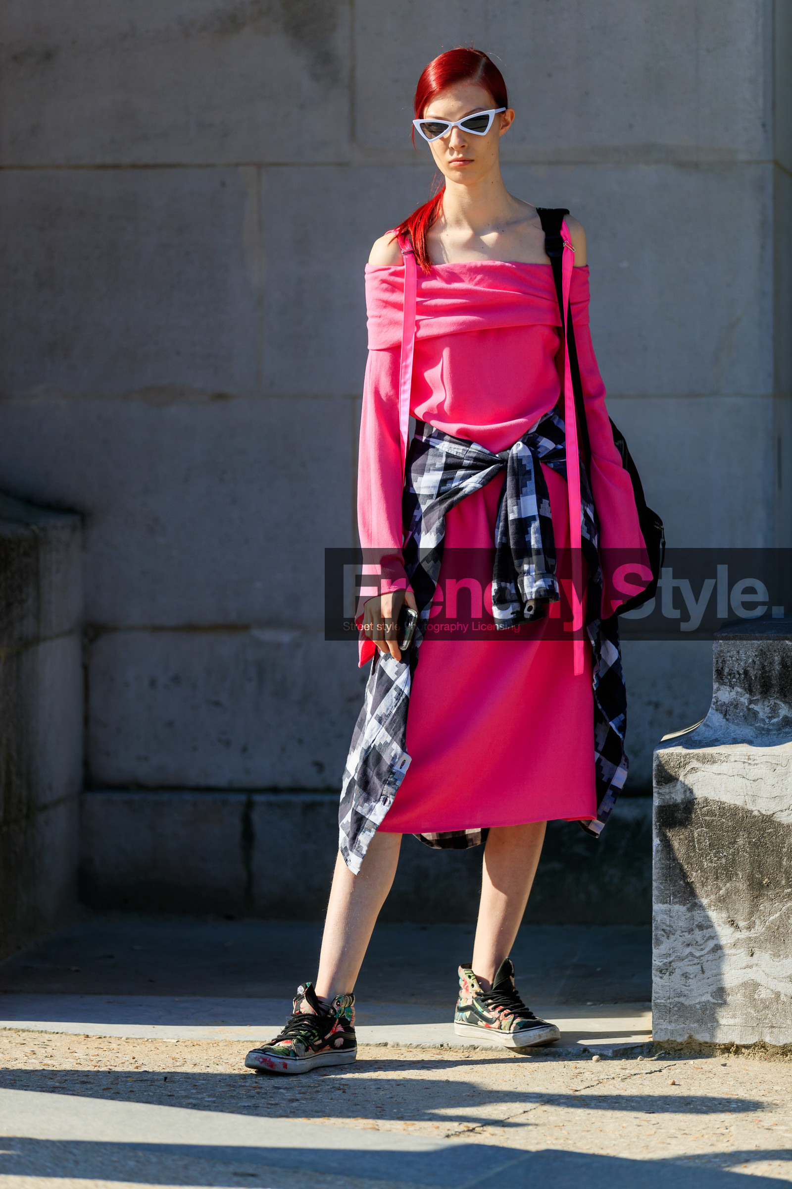 black shirt, black sneakers, checked, leather shoes, model, pink dress, plaid, sunglasses, tied up shirt, vans, PARIS, PFW, street style, jonathan paciullo, FW, frenchystyle, fashion week, AUTUMN WINTER 2019-2020, AW 19-20, FALL WINTER 2019-2020, FW 19-20, vertical, full length
