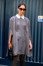 black bag, brown boots, cape, fendi, geraldine boublil, grey dress, high boots, leather bag, monogram, printed shoes, sunglasses, street style, jonathan paciullo, FW, frenchystyle, fashion week, MFW, MILAN, SPRING SUMMER 2019, SS 19, vertical, atmosphere details, detail