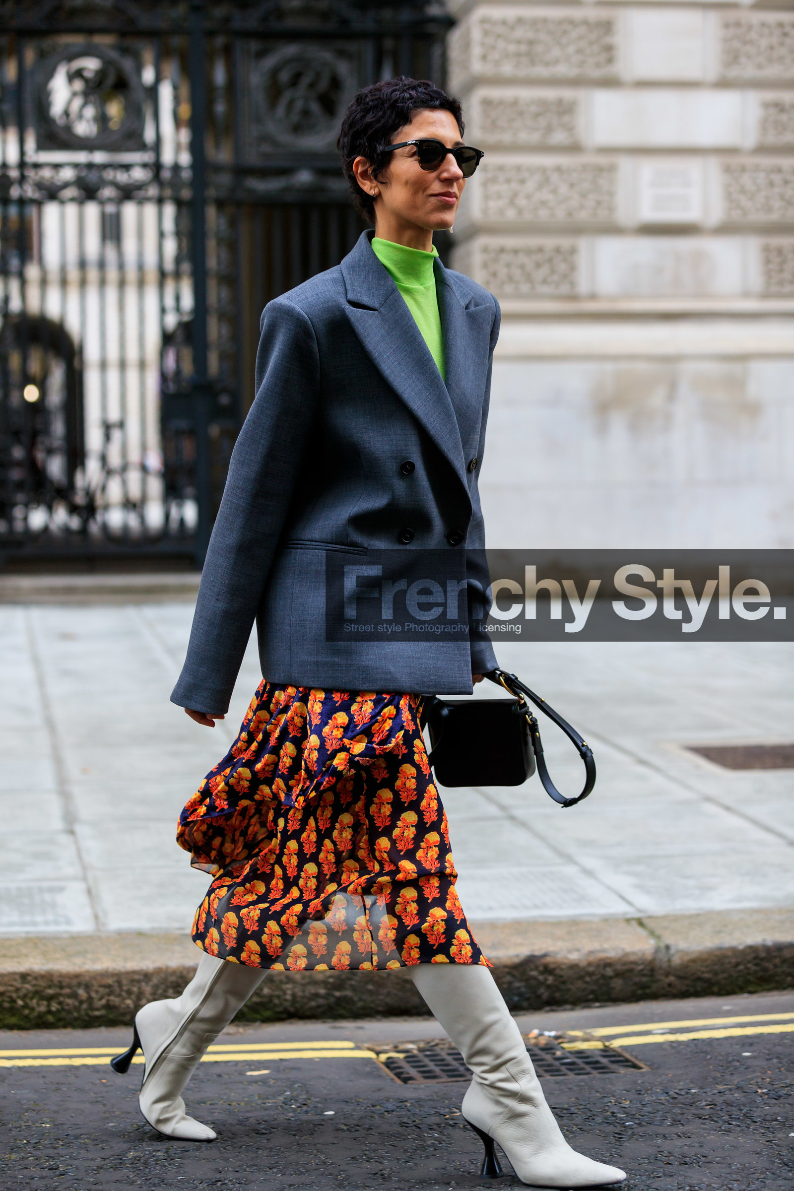 black bag, graphic skirt, green top, grey jacket, high boots, high heels, leather bag, leather shoes, neon, orange skirt, printed skirt, sunglasses, white boots, yasmin sewell, street style, jonathan paciullo, FW, frenchystyle, fashion week, LFW, LONDON, AUTUMN WINTER 2019-2020, AW 19-20, FW 19-20, FALL WINTER 2019-2020, vertical, full length