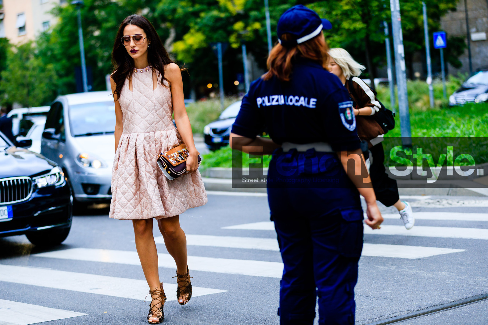 atmosphere details, brown bag, brown shoes, embroidered bag, fashion week, fendi, frenchystyle, full length, FW, horizontal, jonathan paciullo, lace up shoes, leather bag, leather shoes, MFW, MILAN, pink dress, SPRING SUMMER 2017, SS 17, street style, tamara kalinic, trousers