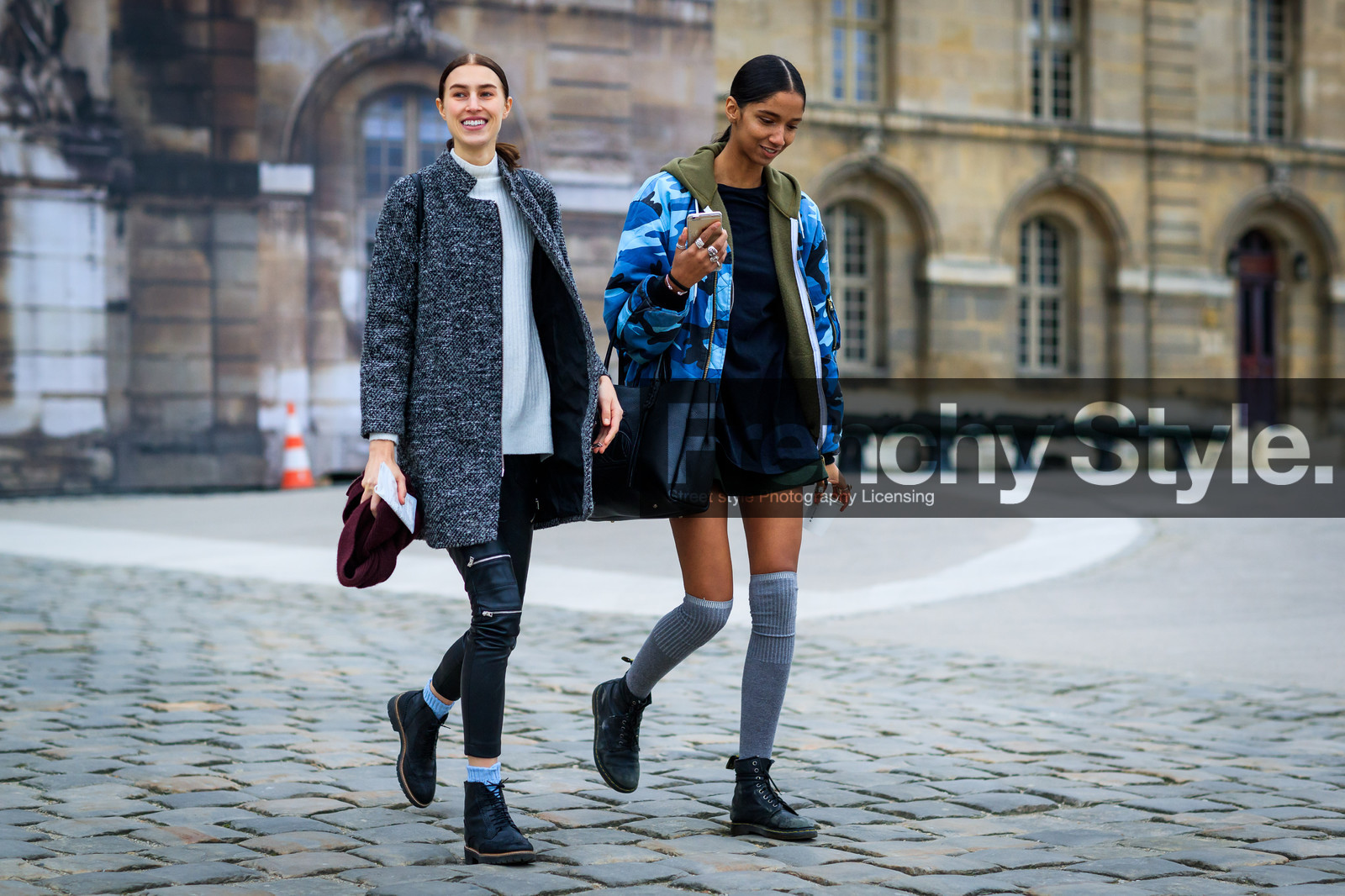 black bag, black boots, black pants, black shoes, black t shirt, blue jacket, camo jacket, camouflage, green jacket, grey coat, grey socks, high socks, hoodie, leather pants, leather shoes, military jacket, printed jacket, white sweater, fashion week, frenchystyle, FW, jonathan paciullo, street style, PFW, PARIS, SPRING SUMMER 2017, SS 17, HAUTE COUTURE, atmosphere details, full length, horizontal, model