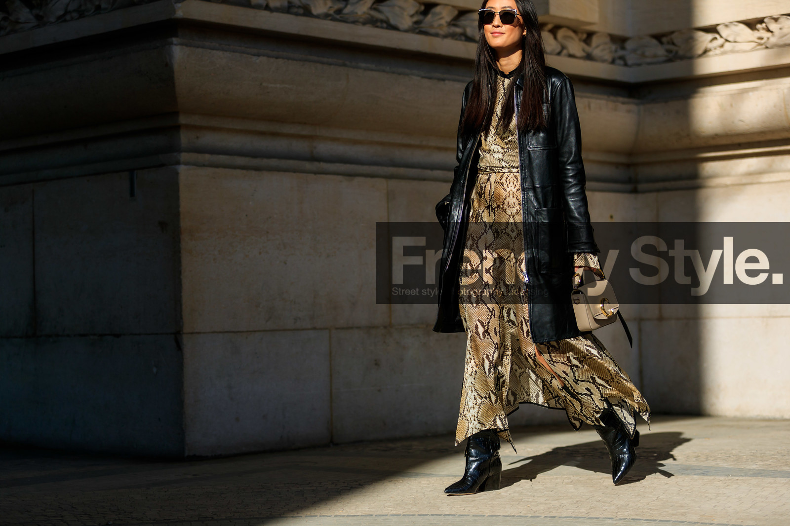 animal print, beige bag, black coat, black shoes, brown dress, chloé, graphic dress, high heels, justine lee, leather bag, leather coat, leather shoes, printed dress, snake print, sunglasses, PARIS, PFW, street style, jonathan paciullo, FW, frenchystyle, fashion week, AUTUMN WINTER 2019-2020, AW 19-20, FALL WINTER 2019-2020, FW 19-20, horizontal, atmosphere details, detail