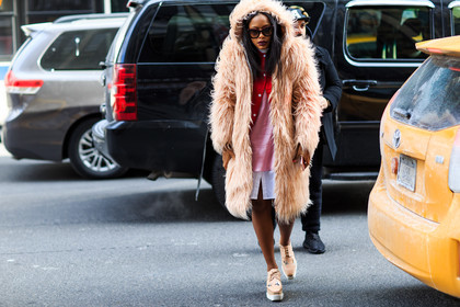 atmosphere details, AUTUMN WINTER 2016-2017, AW 16-17, beige fur, beige wedges, FALL WINTER 2016-2017, fashion week, frenchystyle, full length, fur coat, FW, FW 16-17, hood, horizontal, jonathan paciullo, NEW YORK, nude heels, NYFW, pink fur, pink top, red sweater, stars, stella mccartney, street style, sunglasses, white skirt, woman
