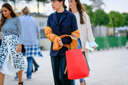atmosphere details, black jacket, blazer, clara cornet, céline, detail, fashion week, frenchystyle, FW, horizontal, jonathan paciullo, leather bag, navy jacket, orange, PARIS, PFW, red bag, SPRING SUMMER 2017, SS 17, street style, striped jacket, trousers