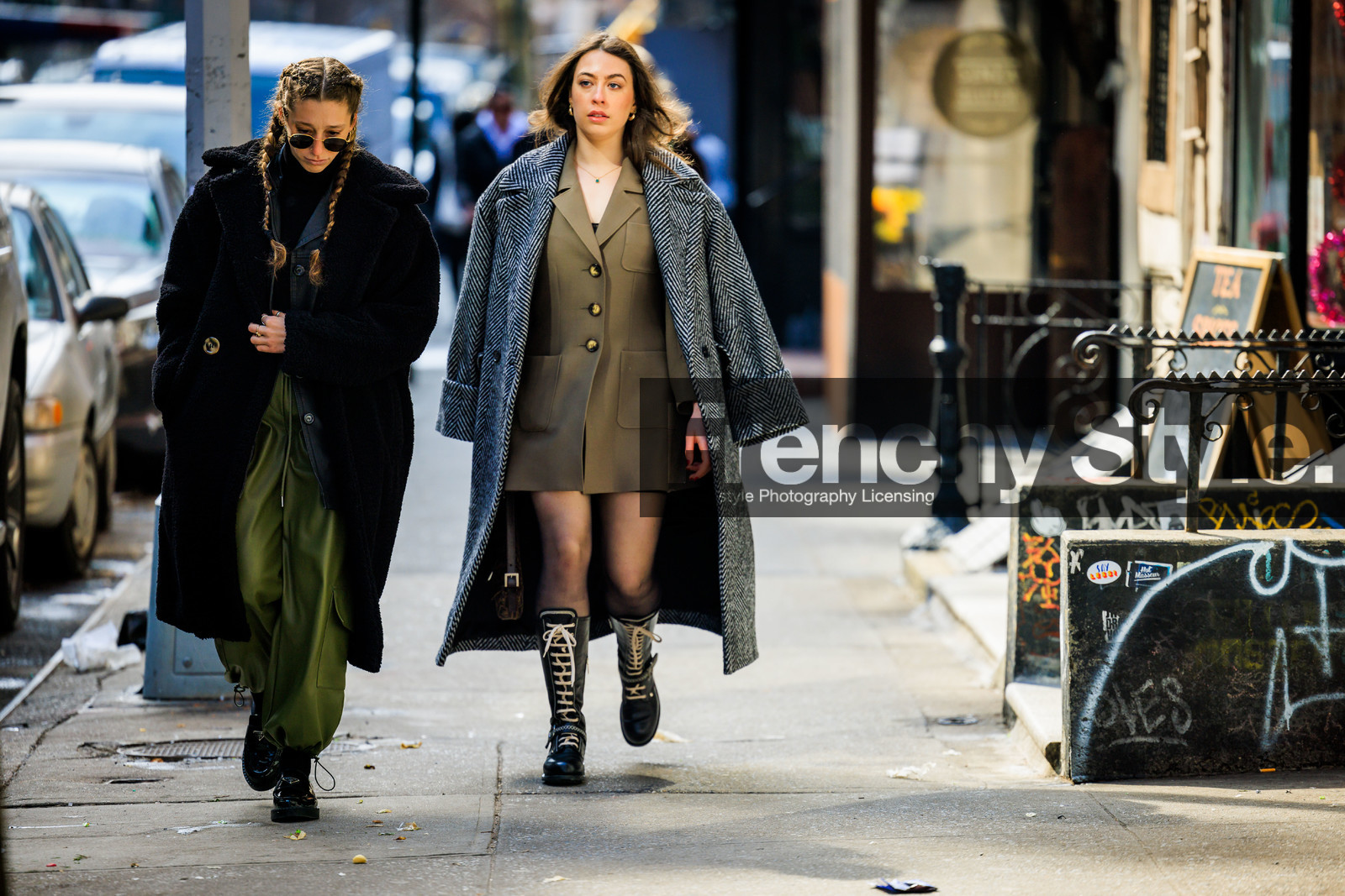 blazer dress, grey dress, buttoned dress, tweed coat, tweed longcoat, black tweed coat, fendi handbag, black combat boots, laced boots, black leather boots, big creole earrings, black furry coat, black longcoat, fluffy coat, braid tails hairstyle, green pants, baggy pants, black boots, street style, jonathan paciullo, FW, frenchystyle, fashion week, NYFW, NEW YORK, AUTUMN WINTER 2022-2023, FALL WINTER 2022_2023, FW 22-23, atmosphere details, horizontal, full length