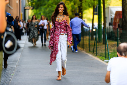 brown belt, brown sandals, chiara totire, cold shoulders, floral, flowers, graphic pants, hippie, leather belt, leather shoes, necklace, printed pants, printed top, red top, striped pants, trousers, white pants, street style, jonathan paciullo, FW, frenchystyle, fashion week, MFW, MILAN, SPRING SUMMER 2019, SS 19, atmosphere details, horizontal, full length