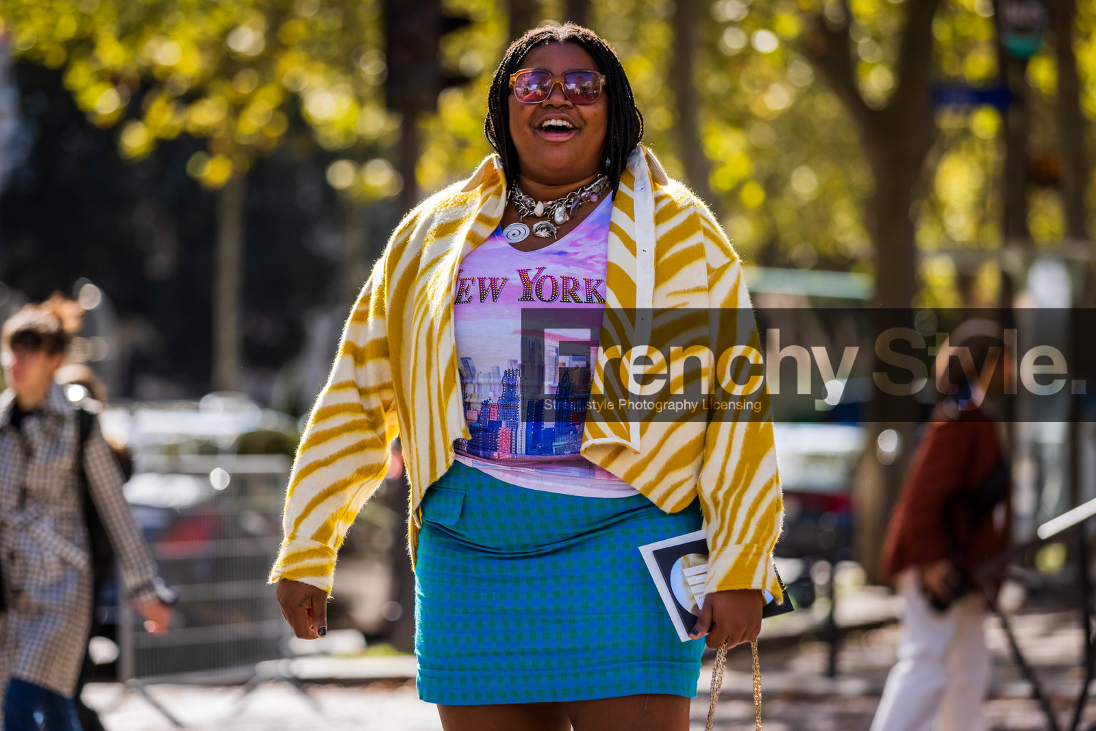 blue skirt, chanel bag, check, Gabriella Karefa-Johnson, jacket, multicolor, necklace, oversize sunglasses, pink bag, pink t-shirt, print, printed jacket, printed t-shirt, quilted bag, short skirt, silver necklace, skirt, sunglasses, t-shirt, yellow jacket, zebra, fashion week, frenchystyle, FW, jonathan paciullo, street style, PFW, PARIS, SPRING SUMMER 2022, SS 22, horizontal, atmosphere details