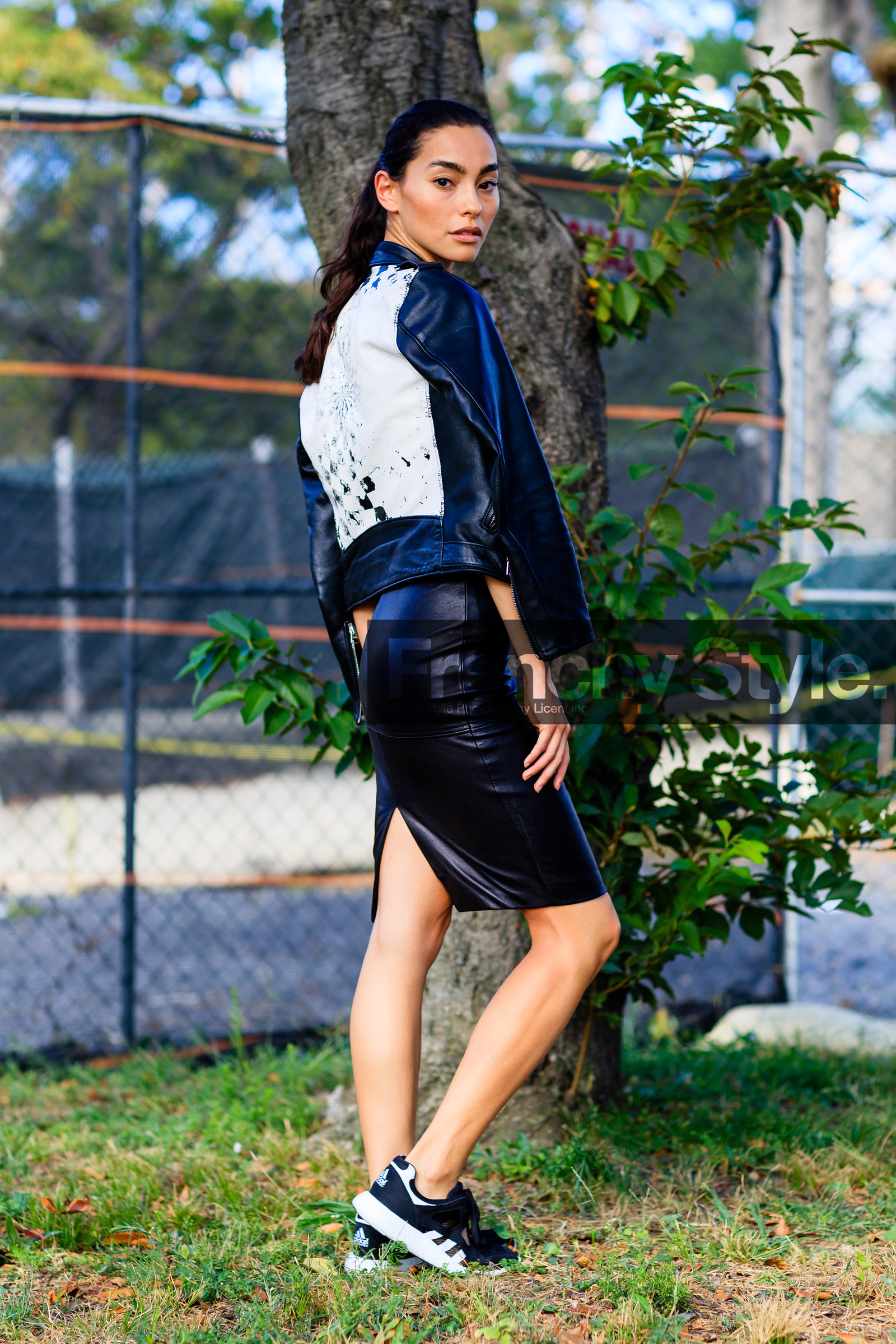 adidas, black dress, black jacket, black perfecto, black sneakers, fashion week, frenchystyle, full length, FW, jonathan paciullo, leather dress, leather jacket, leather perfecto, NEW YORK, NYFW, over the shoulder, SPRING SUMMER 2017, SS 17, street style, vertical, woman