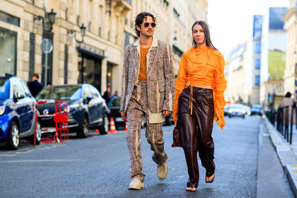 orange blouse, drape blouse, cropped blouse, silk blouse, burgundy leather pants, burgundy leather bag, flare pants, acne studios bag, acne studios look, acne studios pants, acne studios blouse, hand bag, alice barbier, acne studios jacket, acne studios look, orange top, fishnet top, monogrammed jacket, monogrammed pants, monogrammed look, beige jacket, beige pants, beige suits, printed jacket, printed pants, logo all over, logo printed jacket, logo printed pants, aviator sunglasses, sheer sunglasses, beige shoes, beige suede shoes, big sole derbies, big sole shoes, beige derbies, beige suede derbies, JS roques, fashion week, frenchystyle, FW, jonathan paciullo, street style, PFW, PARIS, SPRING SUMMER 2022, SS 22, horizontal, atmosphere details, full length