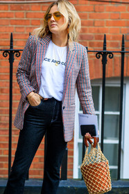atmosphere details, black denim, blazer, brown bag, checked jacket, denim pants, detail, fashion week, frenchystyle, FW, graphic jacket, jeans, jonathan paciullo, leather bag, LFW, LONDON, lucy williams, net shopper, plaid, printed jacket, SPRING SUMMER 2018, SS 18, street style, trousers, vertical, white t shirt