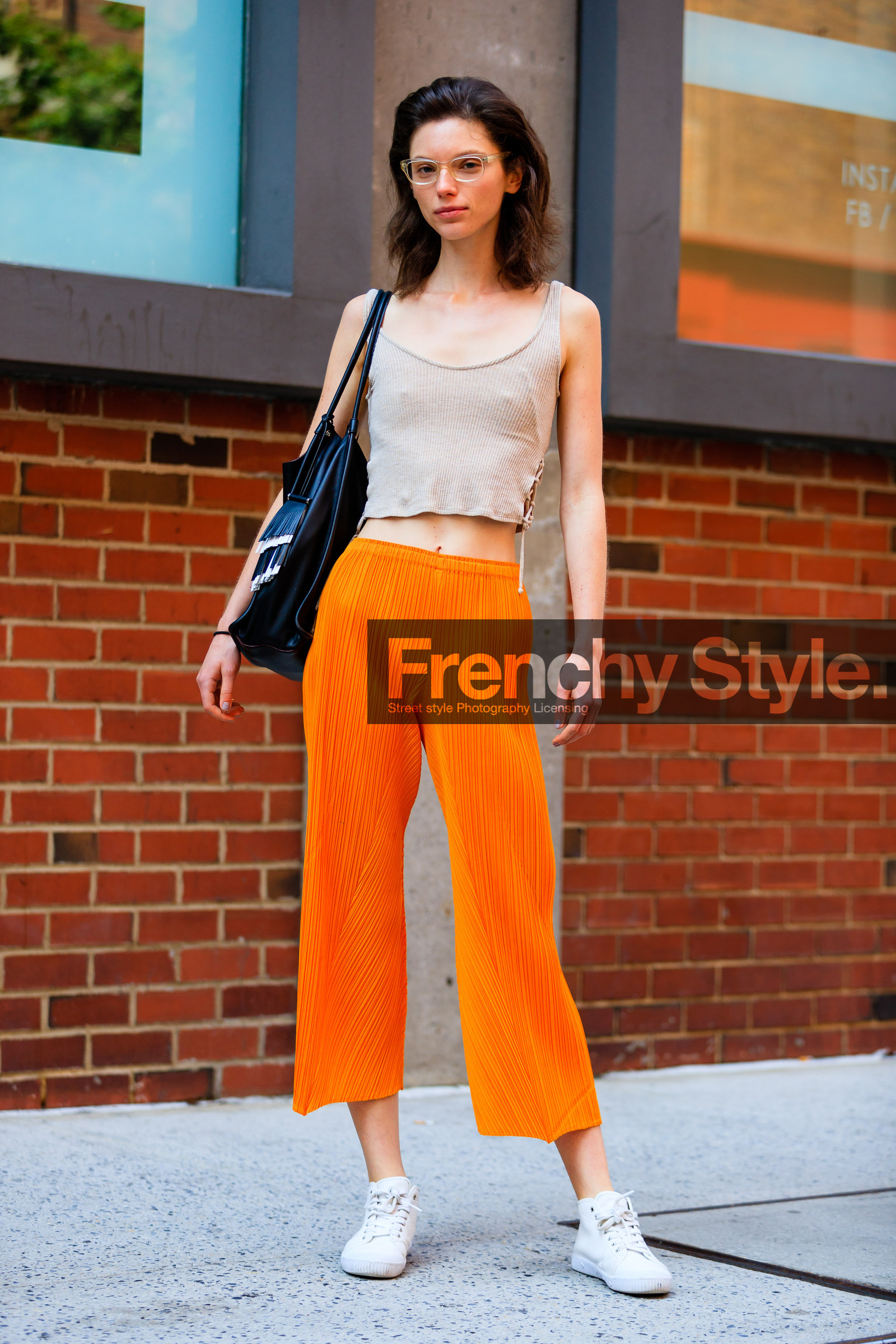 beige top, black bag, fashion week, frenchystyle, full length, FW, jonathan paciullo, leather bag, leather sneakers, model, NEW YORK, NYFW, orange pants, SPRING SUMMER 2017, SS 17, street style, vertical, white sneakers, woman