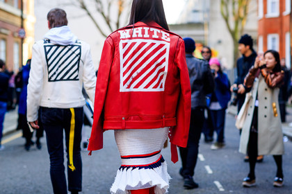 atmosphere details, AUTUMN WINTER 2017-2018, AW 17-18, back detail, detail, FALL WINTER 2017-2018, fashion week, frenchystyle, FW, FW 17-18, horizontal, jonathan paciullo, leather jacket, leather perfecto, LFW, LONDON, off white, over the shoulder, pleated skirt, printed jacket, red jacket, street style, striped jacket, tights, white skirt